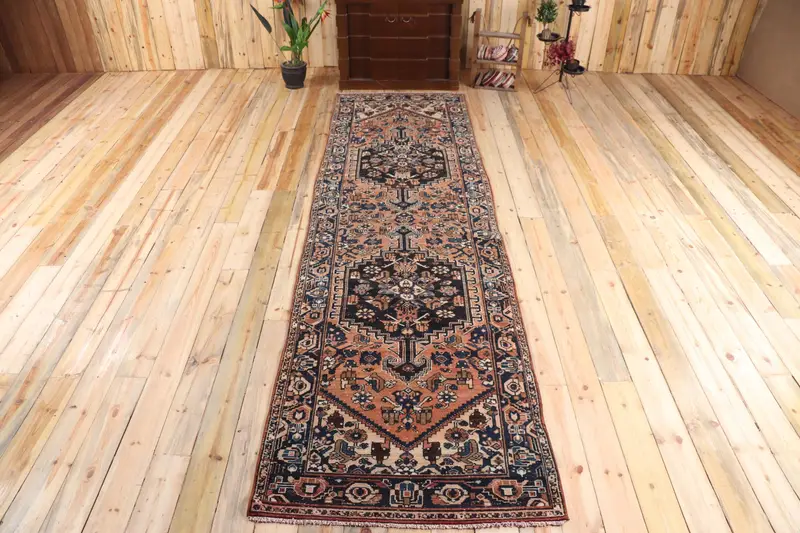 Türkischer Oushak-Teppich 3,5 x 12,3 Fuß, blau-brauner geometrischer Vintage-Wollteppich - 1