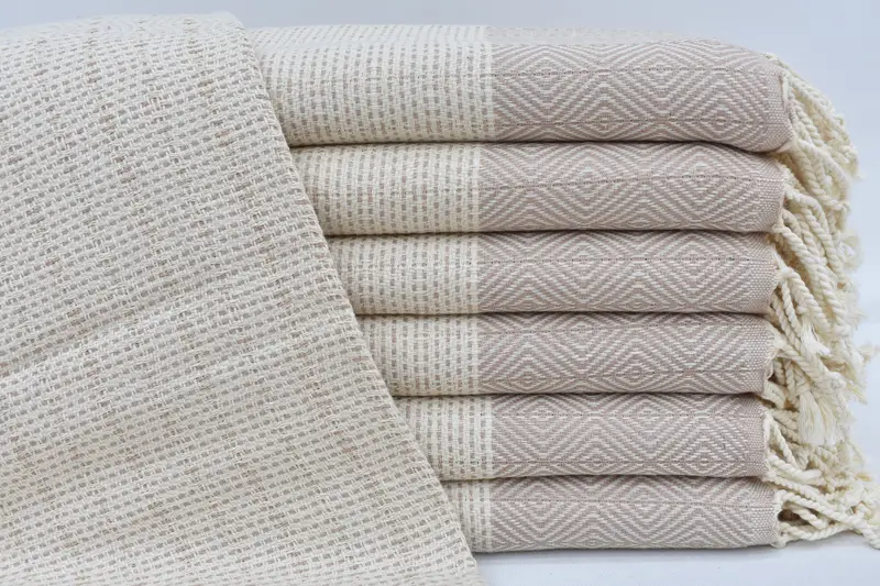 Wedding Gift Towel Organic Beige Diamond Design Peshtemal Bath Towel, 70x40