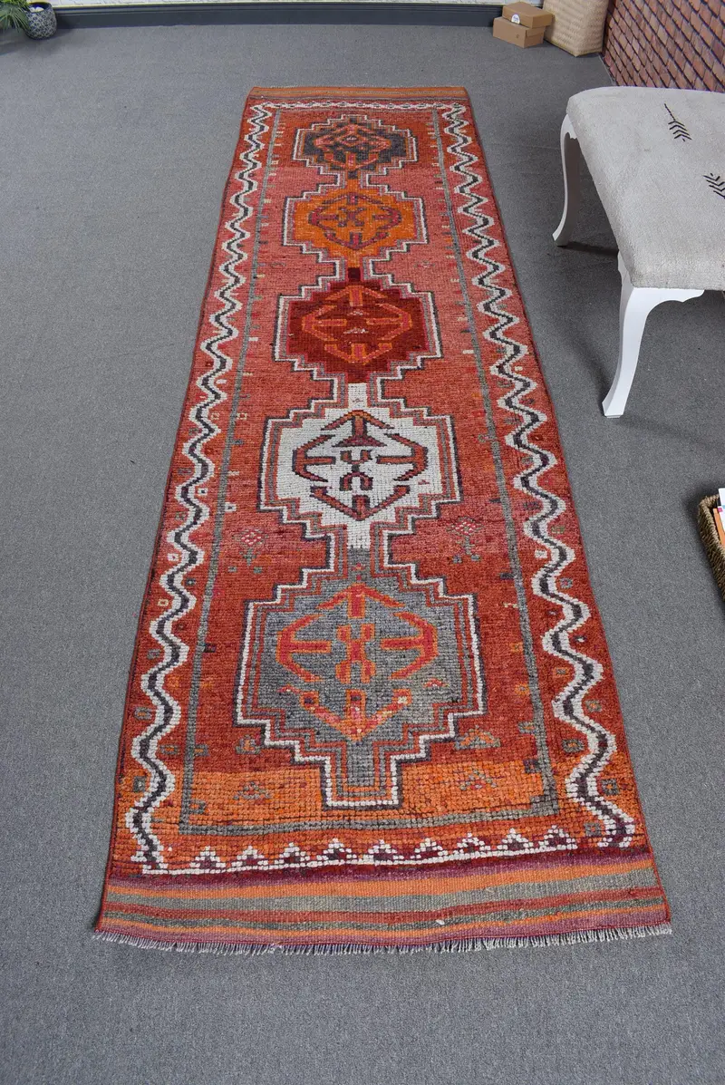 Vintage Turkish Runner Rug 3x10.7 ft, Orange Red Moroccan Wool Rug - 1