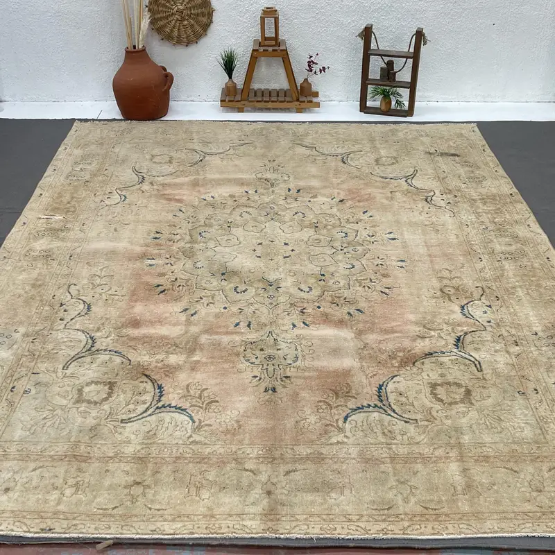 Vintage 9.5x12.1 ft Rug, Oversize Turkish Rug, Brown Blue Paisley Rug - 1