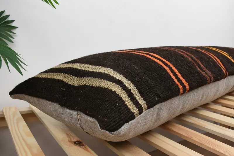 Antique Pillows, Turkish Pillow, Kilim Pillow Cover, Cushion Cover, 16x48 Brown Cushion Case, Natural Pillow Sham, Turkish Bench Pillow Cover - 6
