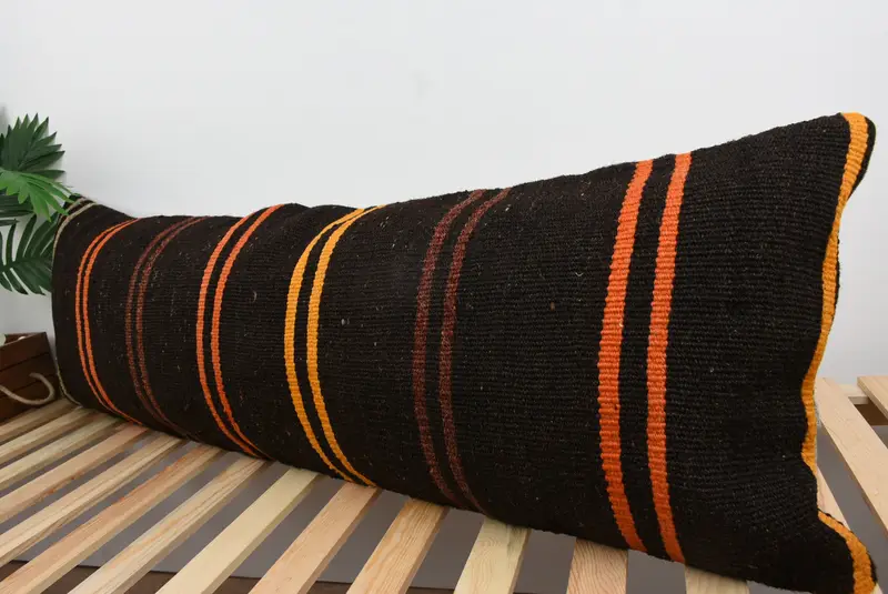 Antique Pillows, Turkish Pillow, Kilim Pillow Cover, Cushion Cover, 16x48 Brown Cushion Case, Natural Pillow Sham, Turkish Bench Pillow Cover - 5