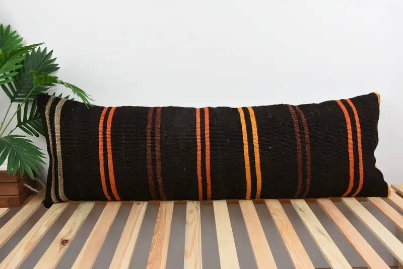 Antique Pillows, Turkish Pillow, Kilim Pillow Cover, Cushion Cover, 16x48 Brown Cushion Case, Natural Pillow Sham, Turkish Bench Pillow Cover - 1