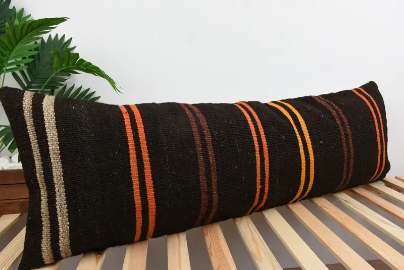 Antique Pillows, Turkish Pillow, Kilim Pillow Cover, Cushion Cover, 16x48 Brown Cushion Case, Natural Pillow Sham, Turkish Bench Pillow Cover - 4