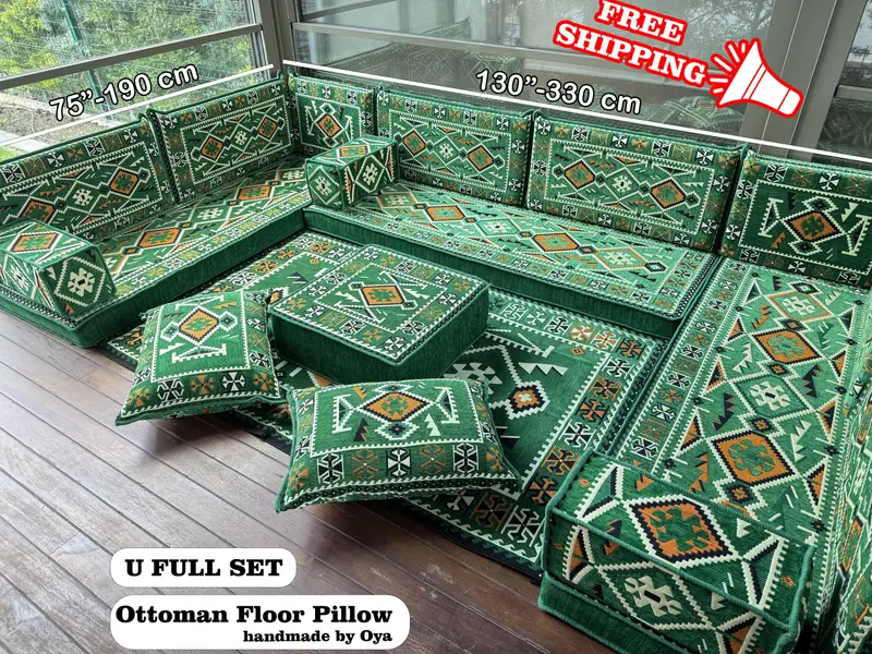 Green & Gray Wool Blend Ottoman Sofa Set, Kilim-Inspired Modular Ottoman