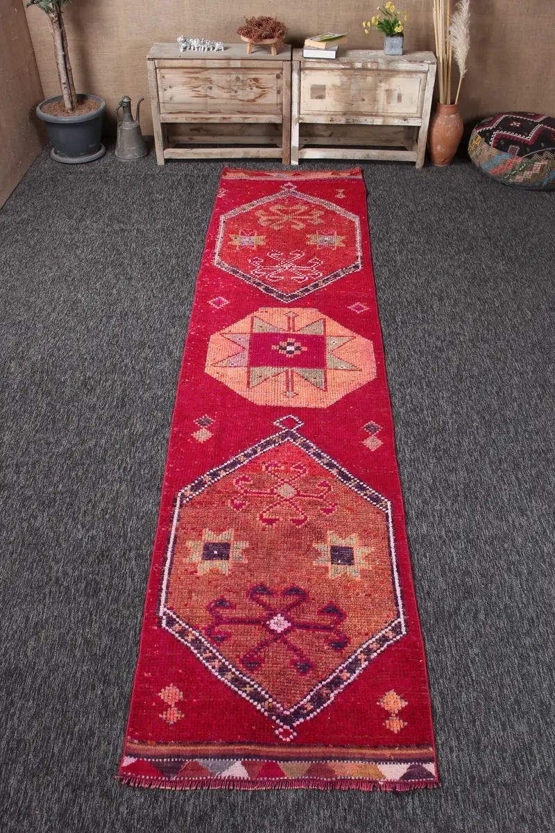 Vintage Turkish Rug, Runner 2.6x11.6 ft (80x355 cm) Rug, Red Abstract Wool Rug - 1