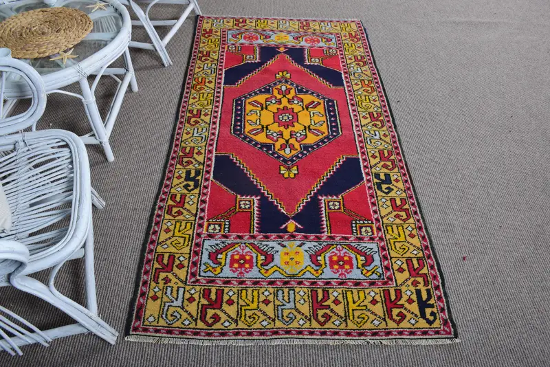 Vintage Rug, Accent 3.3x6.46 ft Rug, Oushak Red Animal Print Rug - 1