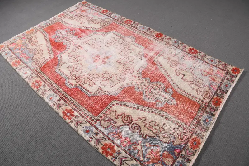 4.2x6.8 ft Vintage Area Rug, Red Blue Turkish Ikat Wool Rug - 1