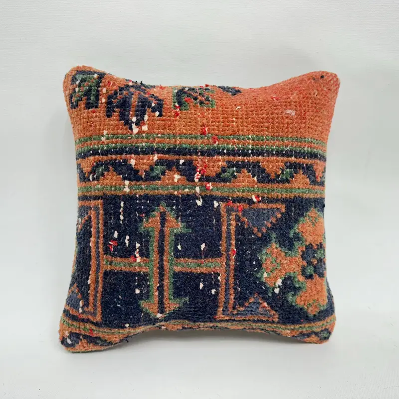 Handgefertigtes blau-orange besticktes Wurfkissen, quadratisches Vintage-Kissen