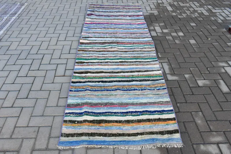 Türk Vintage Runner Halısı 3.2x9.4 ft, Kilim Mavi Yün Halı - 1