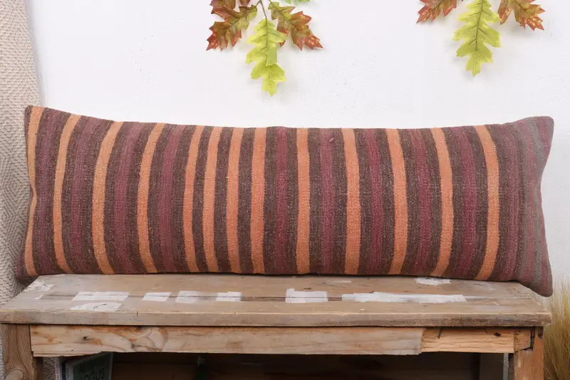 Kilim Pillow, Turkish Kilim Pillow, 12x36 Orange Pillow Cover, Decorative Pillow Sham, Handmade Rug Seat Pillow, Boho Pillow, Pillow Cover - 2