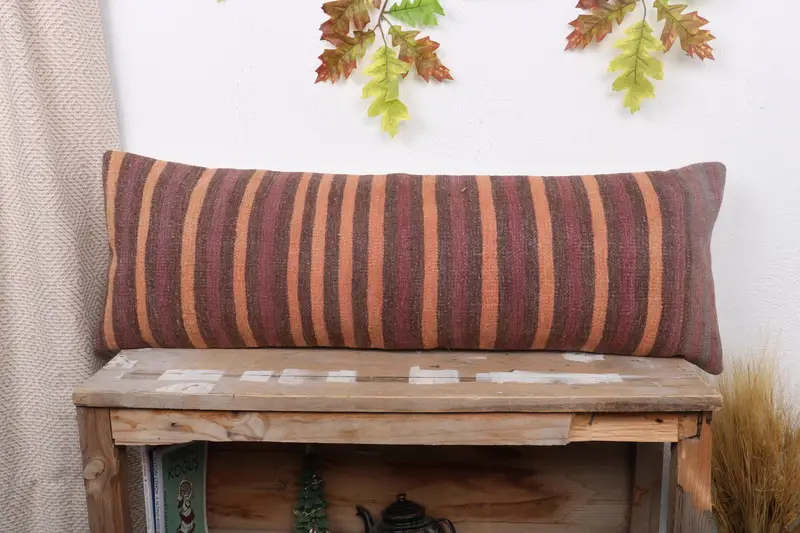 Kilim Pillow, Turkish Kilim Pillow, 12x36 Orange Pillow Cover, Decorative Pillow Sham, Handmade Rug Seat Pillow, Boho Pillow, Pillow Cover - 1