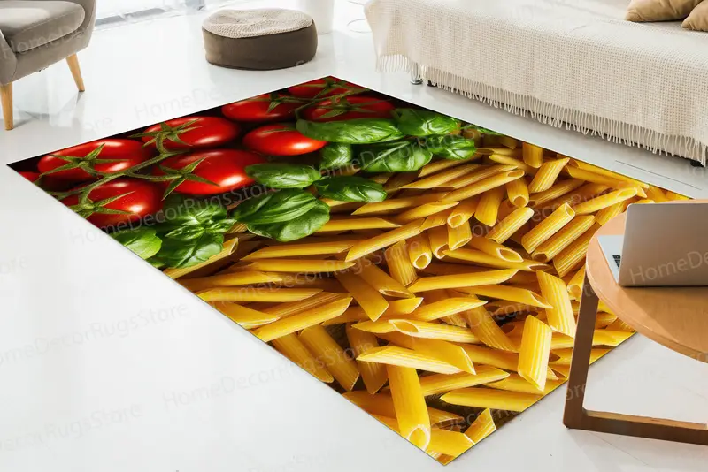 Domates Fesleğenli Makarna Baskı Halısı, Canlı Mutfak Dekoru
