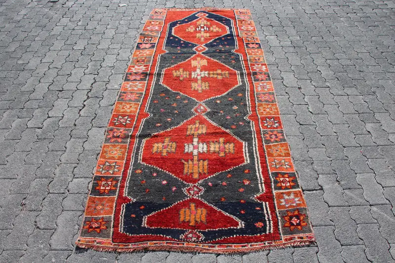Vintage Turkish Rug, 3.5x9.1 ft Runner Rug, Red Blue Southwestern Wool Rug - 1