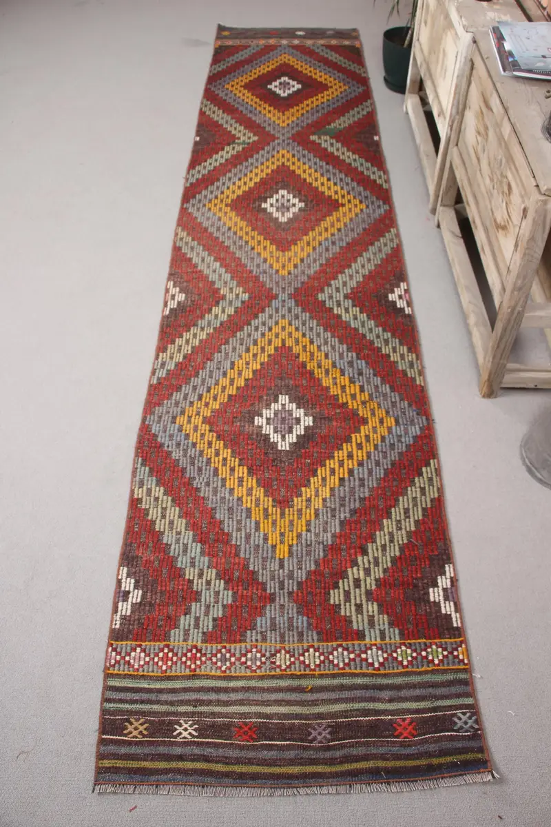 Red & Yellow Rug, 2,3x11,3 ft Geometric Floral Design