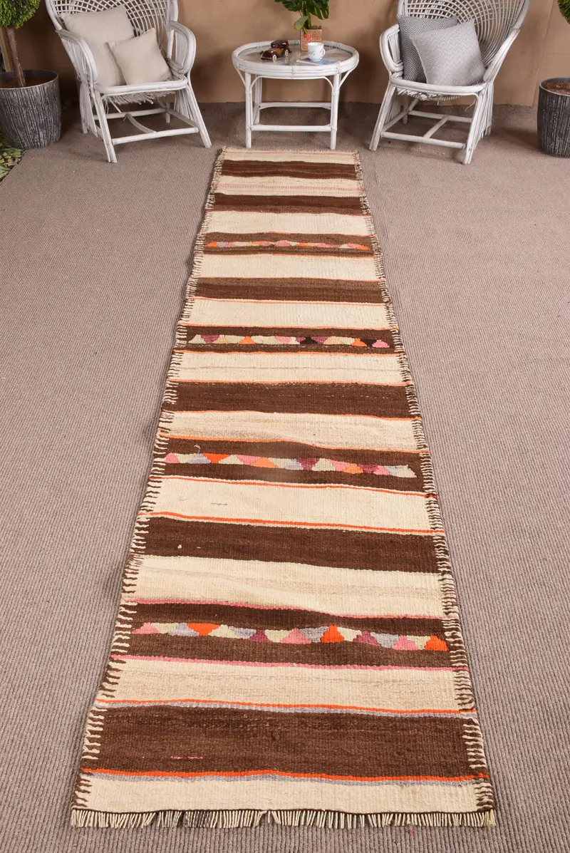 Vintage Rug, 2.6x12 ft Runner Rug, Brown Moroccan Wool Turkish Rug - 1