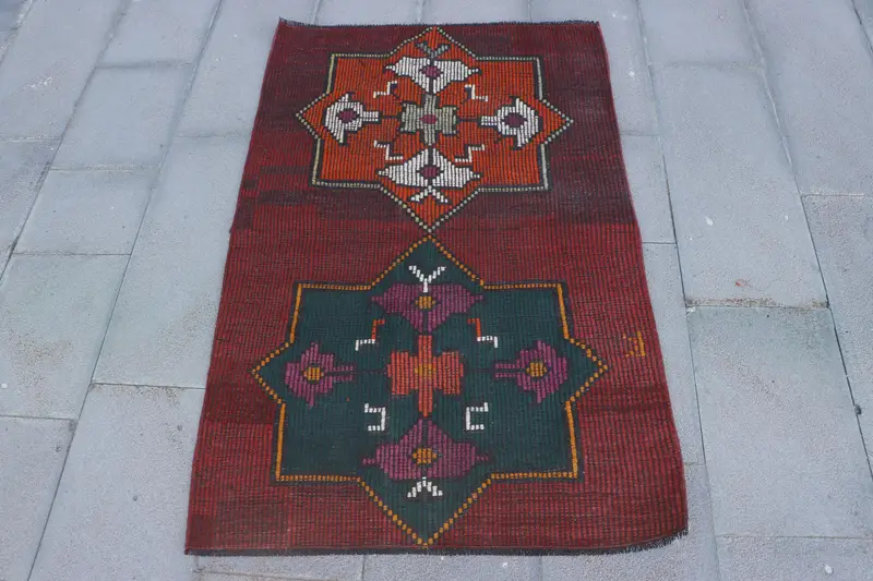 Red Geometric Rug, 2.9x4.5 ft with Orange Floral Motifs