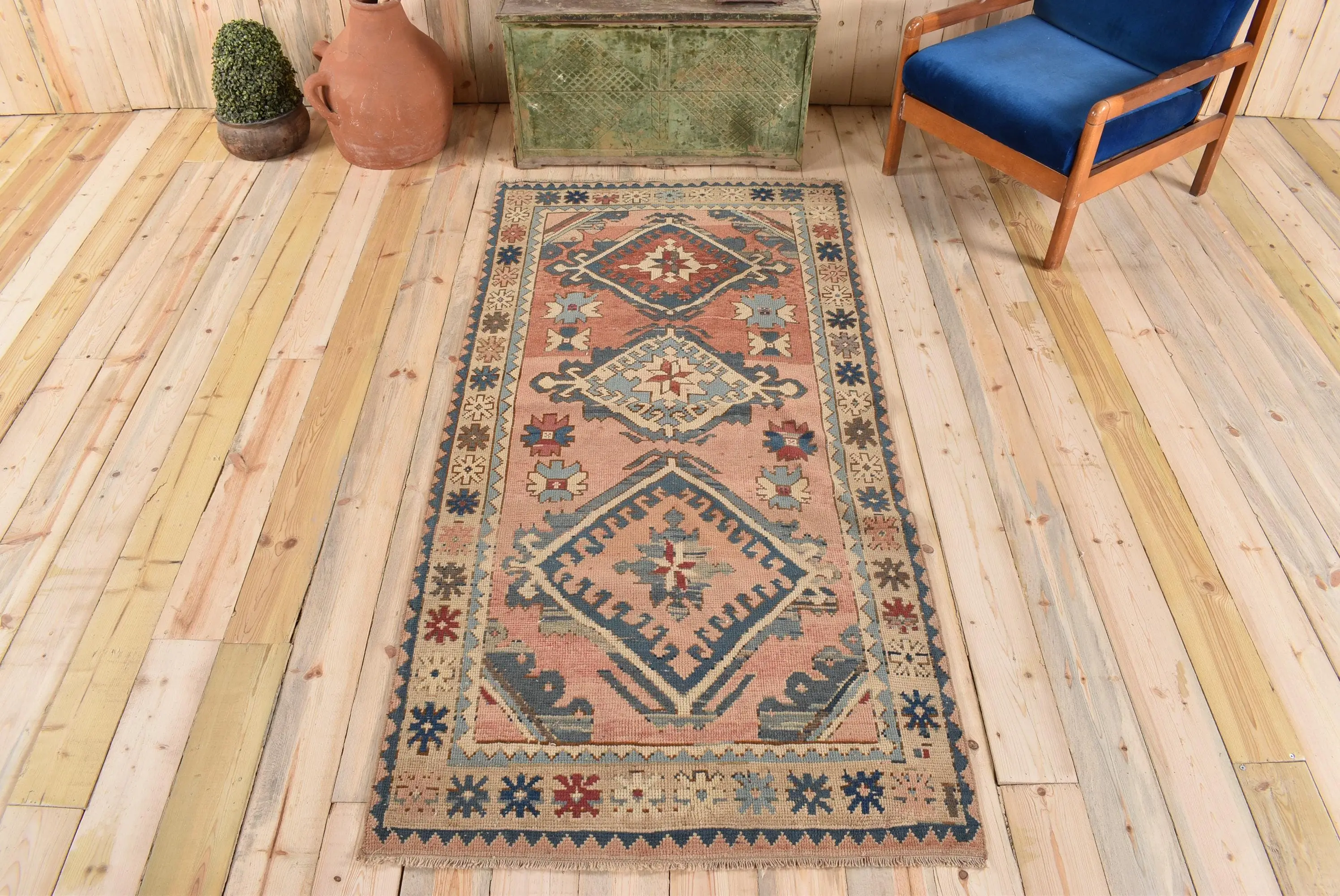 Vintage Rug, 3.4x7.1 ft Turkish Rug, Red Abstract Wool Rug - 1