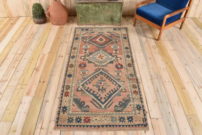 Pink and Blue Abstract Rug, 3,4x7,1 ft Chic Decor