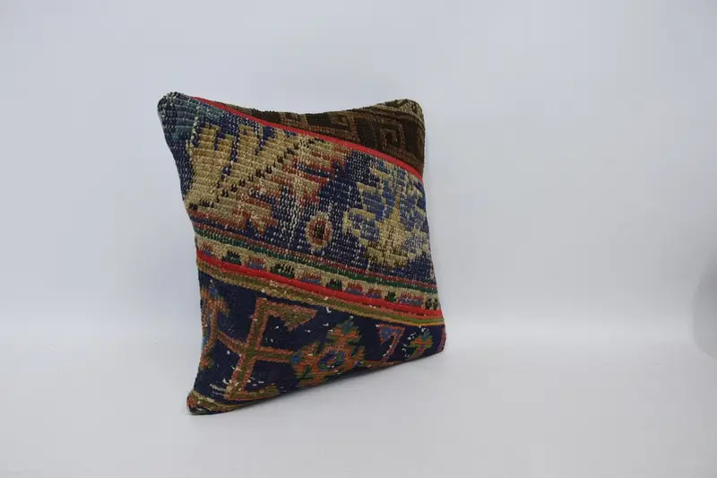 Toss Cushion Case, Pillow Sham, Throw Kilim Pillow, Vintage Pillow, Interior Designer Pillow, Couch Pillow Sham, 16x16 Blue Pillow Sham - 3