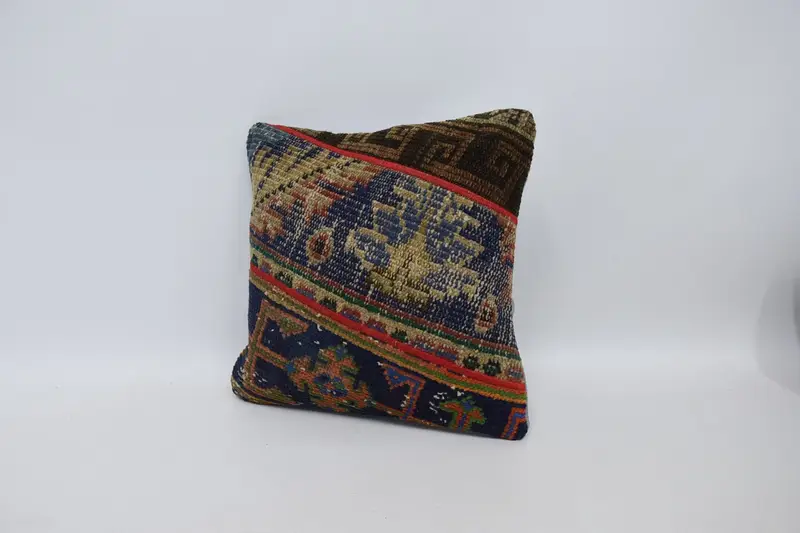 Toss Cushion Case, Pillow Sham, Throw Kilim Pillow, Vintage Pillow, Interior Designer Pillow, Couch Pillow Sham, 16x16 Blue Pillow Sham - 4
