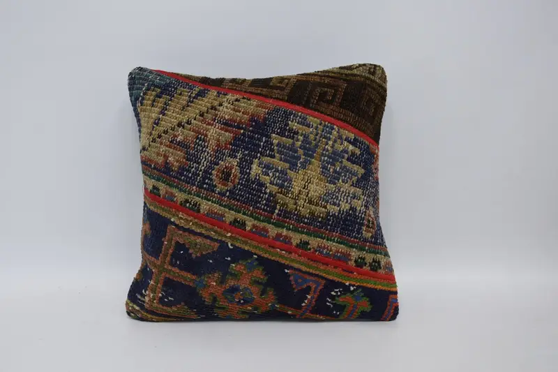 Toss Cushion Case, Pillow Sham, Throw Kilim Pillow, Vintage Pillow, Interior Designer Pillow, Couch Pillow Sham, 16x16 Blue Pillow Sham - 1