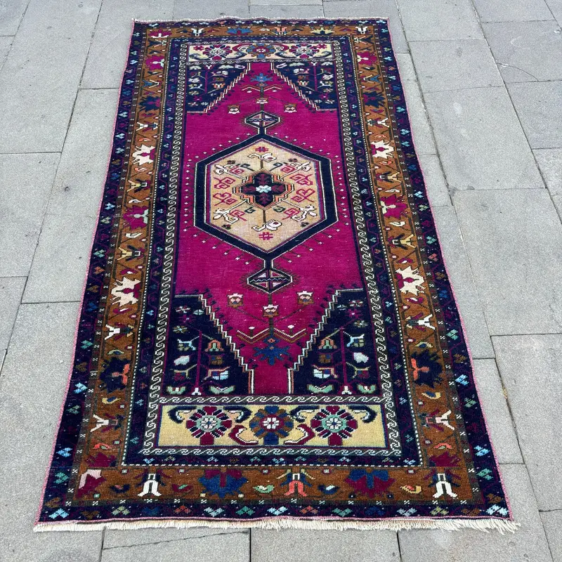 Vintage Turkish Rug, 3.2x6.2 ft Oushak Rug, Red Blue Ombré Rug - 1