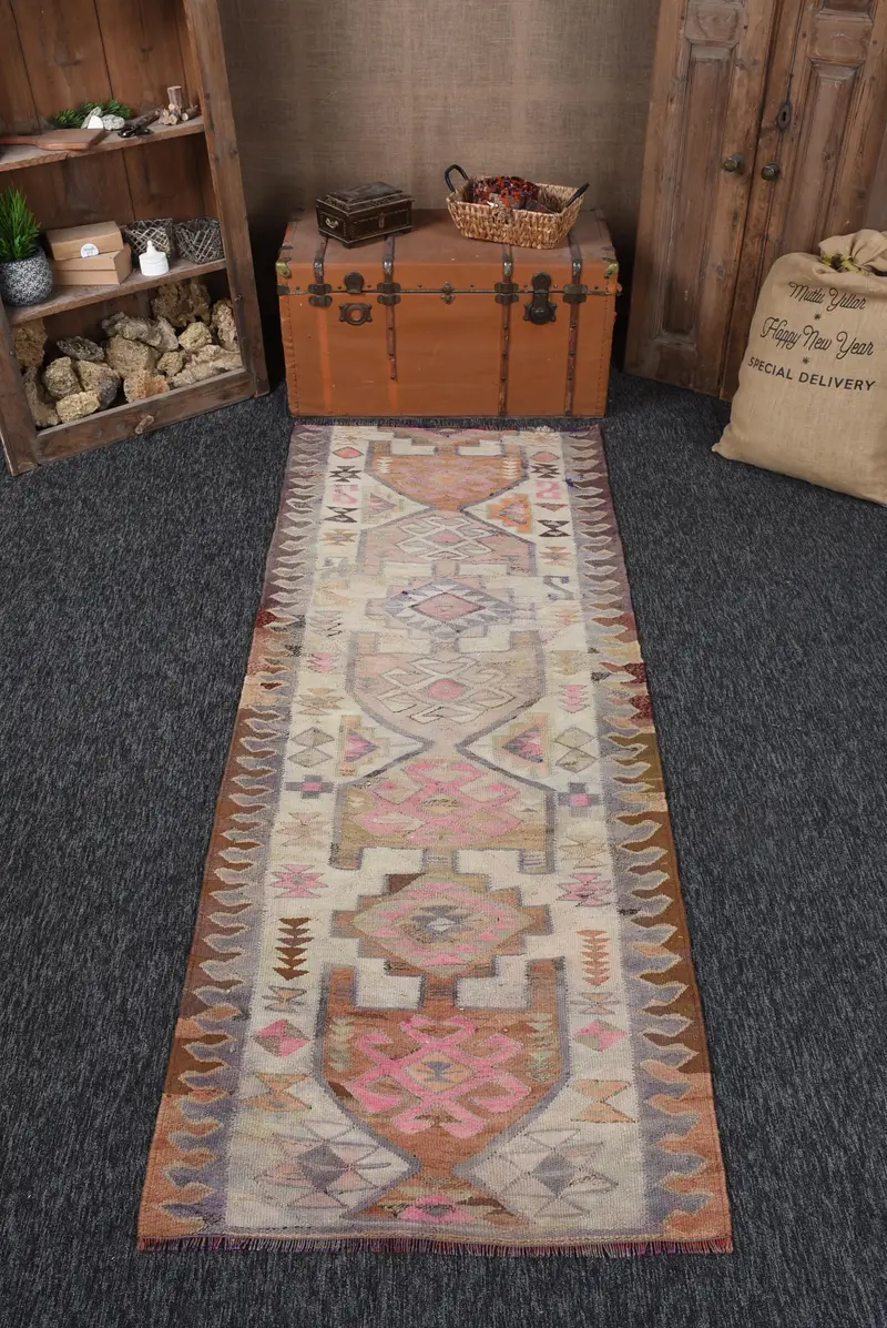 Türk Vintage Halı 3.1x8.4 ft (94x255 cm), Kilim Kahverengi Pembe Bordürlü Halı - 1