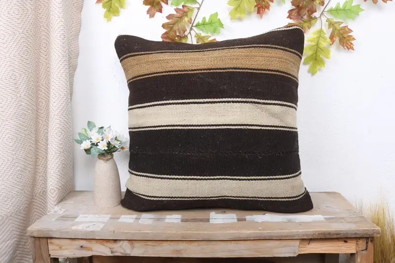 Boho Pillow Sham Cover, Interior Designer Pillow, Turkish Kilim Pillow, Customized Pillow Case, Cushion Cover, 20x20 Brown Pillow - 1