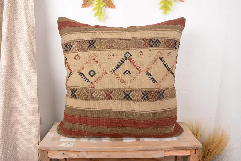 Beige & Red Striped Throw Pillow, 28x28 Embroidered Cushion