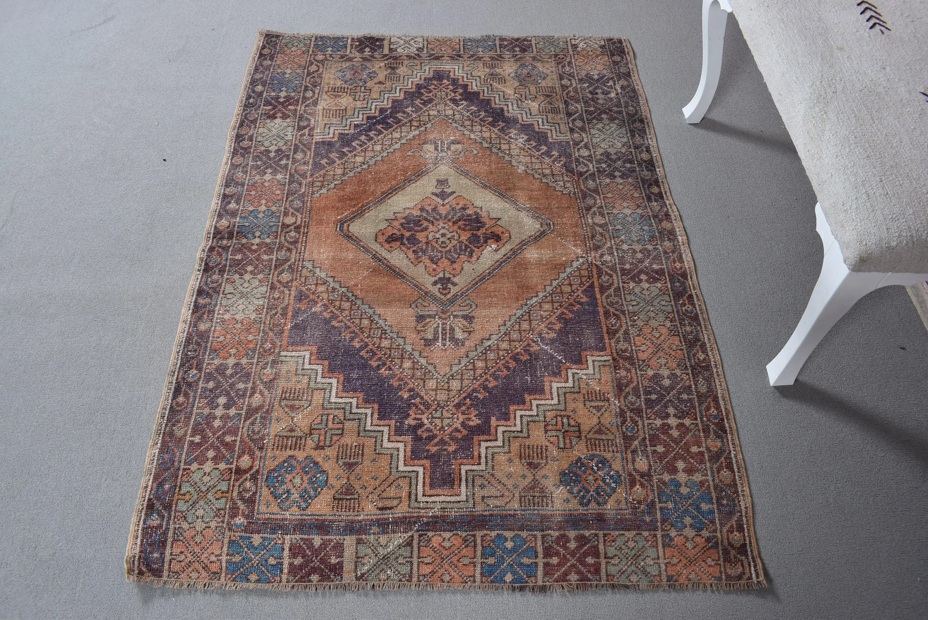 Türk Vurgulu Halı 3.6x5.2 ft (110x158 cm), Vintage Kahverengi Çizgili Halı - 1