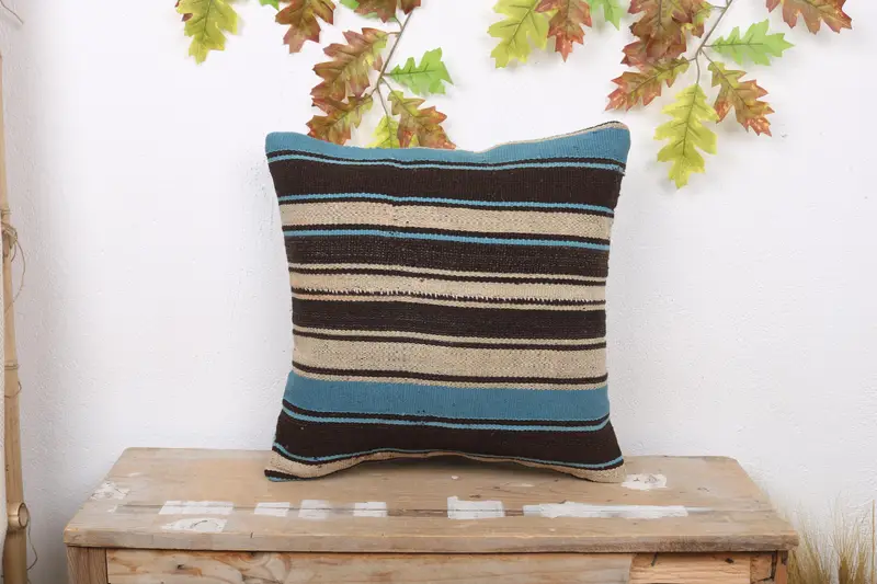 Blaues und braunes Patchwork-Wurfkissen, 18x18 besticktes Kissen