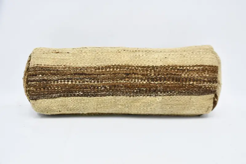 İşlemeli Bej & Kahverengi Çizgili Minder, Vintage El Yapımı Kırlent