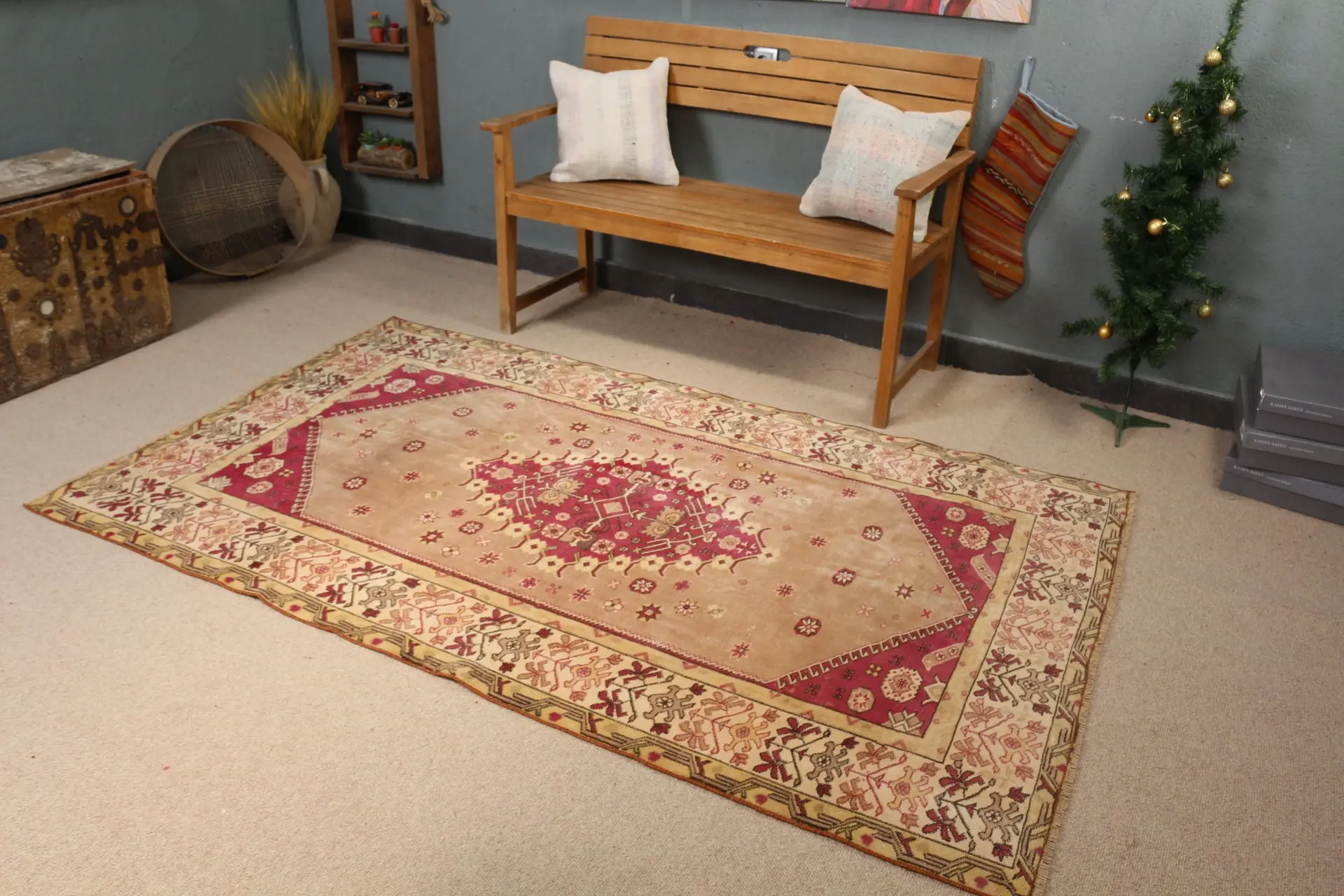 Vintage Türk Halısı, 4.4x7.3 ft Halı, Kırmızı Patchwork Yün Halı - 1