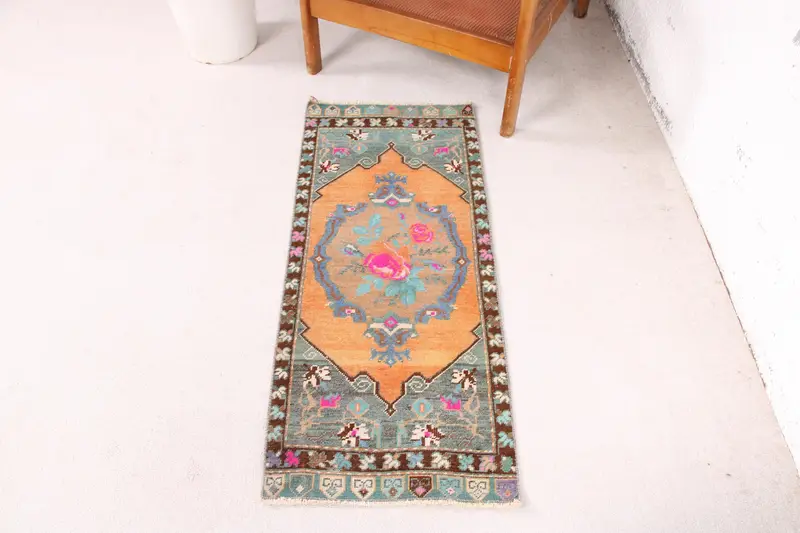 Handmade Orange & Green Oriental Rug, 0.1x3.7 ft