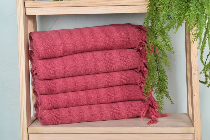 Red Cotton Towel Stonewashed Striped, Organic Cotton, 36x67 Inches