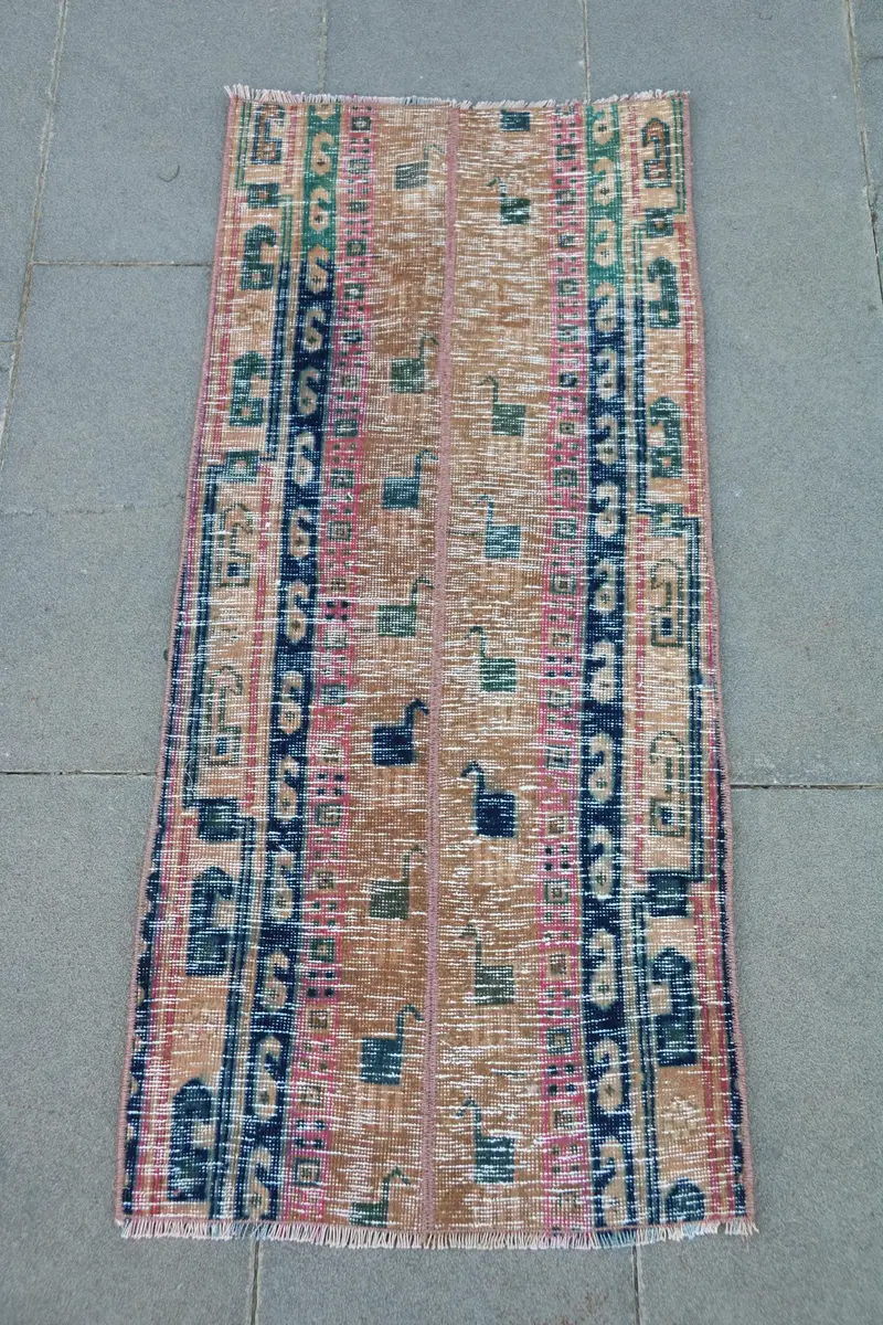 Brauner, blauer Teppich mit Tiermuster, 1,7 x 3,9 Fuß, schickes Dekor