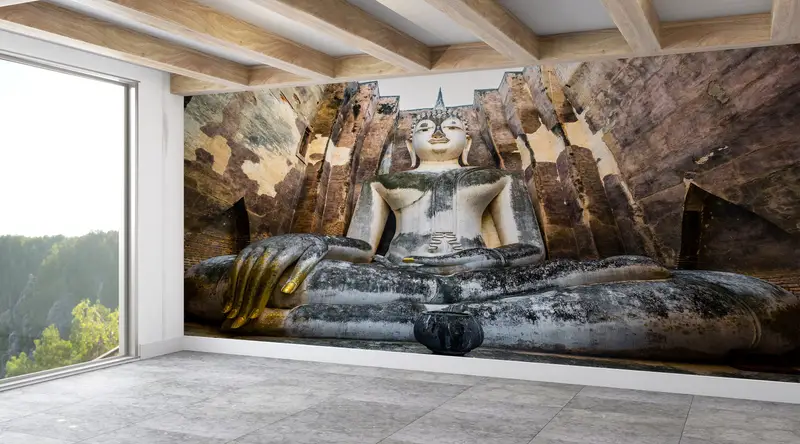 Wat Mahathat Wall Art,Custom Wall Paper,Paper Wall Art ,Thailand Wall Decor,Bright Wall Paper,Meditation Mural, - 1