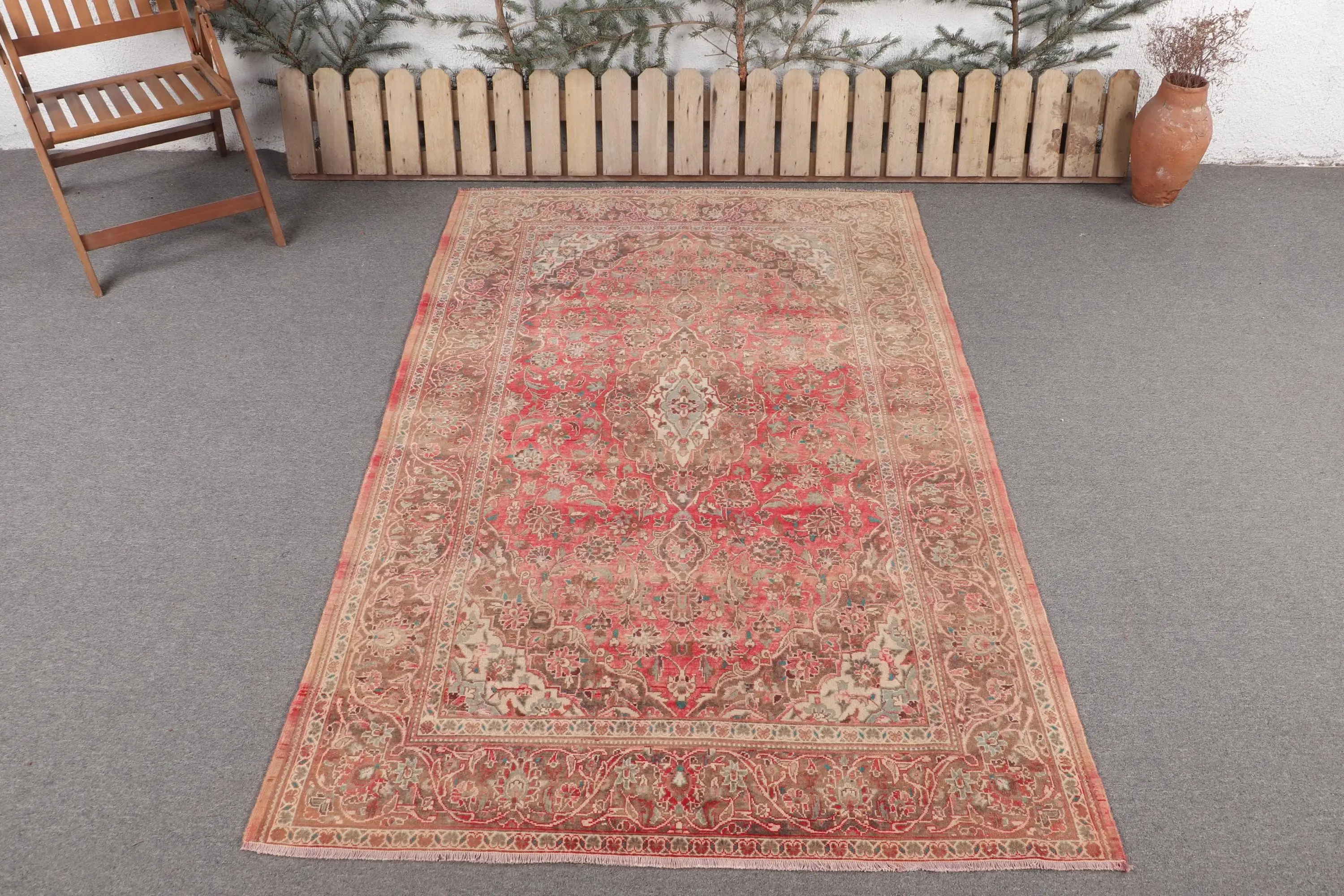 Vintage Rug 4.4x7.4 ft, Red Brown Floral Wool Turkish Rug - 1