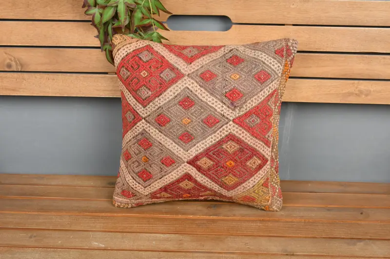 16x16 Red Pillow, Shabby Chic Cushion Cover, Pillow for Couch, Interior Designer Pillow, Ethnic Pillow, Cushion, Antique Pillows - 6