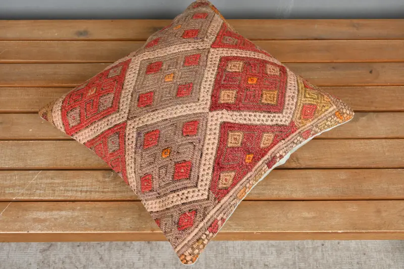 16x16 Red Pillow, Shabby Chic Cushion Cover, Pillow for Couch, Interior Designer Pillow, Ethnic Pillow, Cushion, Antique Pillows - 2