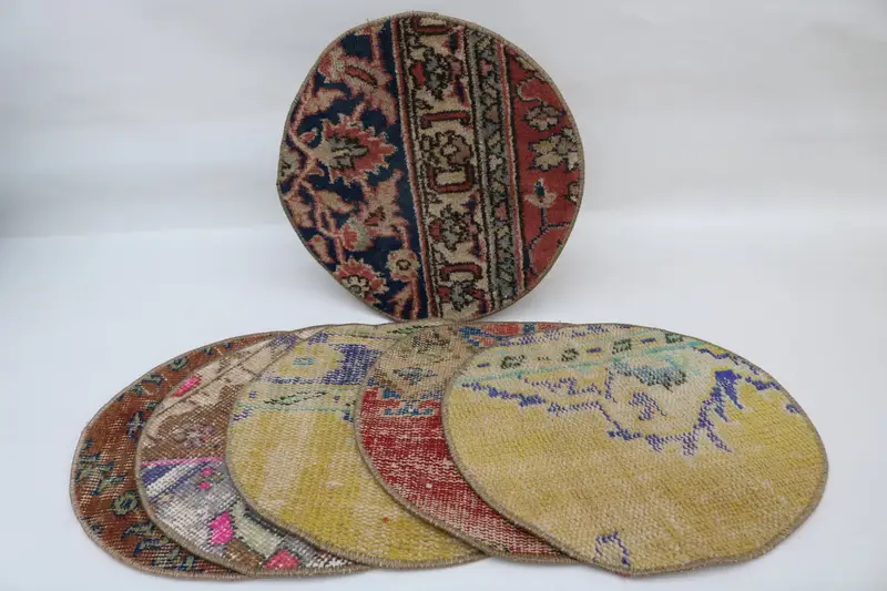 Böhmische Kreis-Tischsets, Set aus Baumwolle in Beige und Rot