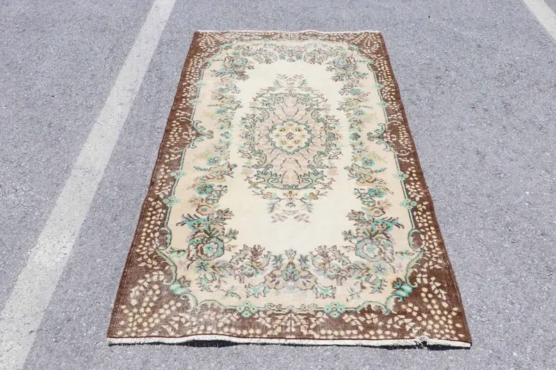Türk Vintage Halısı 3,9x6,7 ft, Oushak Kahverengi Yün Halı - 1