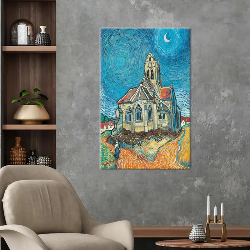 Lienzo de la iglesia de Van Gogh: Impresión artística de paisaje nocturno al óleo cristiano