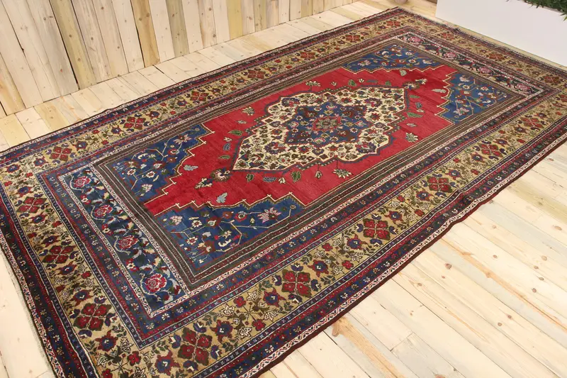 Türkischer Oushak-Teppich 7,7 x 13,8 Fuß, rot-blau gepunkteter Woll-Vintage-Teppich - 1
