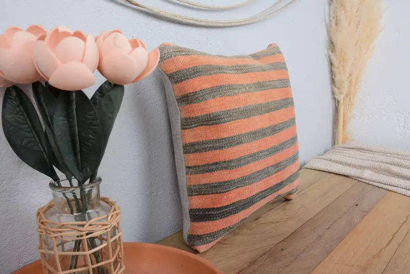 Vintage Kilim Pillow, 14x14 Orange Pillow Sham, Cotton Pillow Cover, Antique Pillows, Cushion, Crochet Pattern Cushion Case, Kilim Pillow - 1