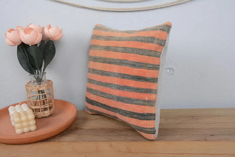 Vintage Kilim Pillow, 14x14 Orange Pillow Sham, Cotton Pillow Cover, Antique Pillows, Cushion, Crochet Pattern Cushion Case, Kilim Pillow - 4