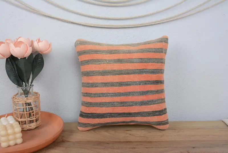 Vintage Kilim Pillow, 14x14 Orange Pillow Sham, Cotton Pillow Cover, Antique Pillows, Cushion, Crochet Pattern Cushion Case, Kilim Pillow - 2