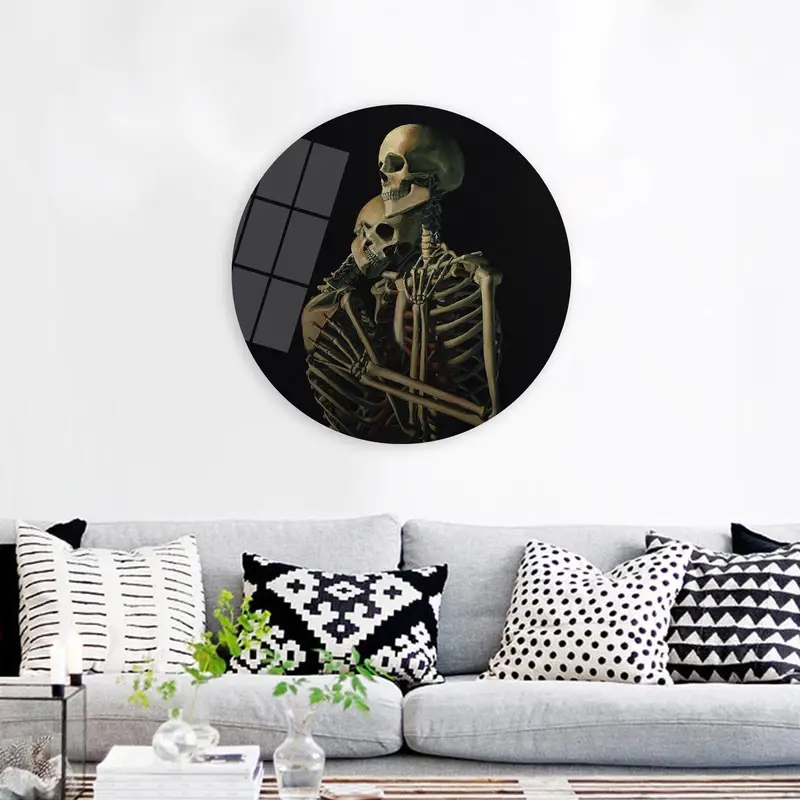 Surrealer Leinwanddruck mit Totenkopf und Skelettpaar – künstlerisches Dekor