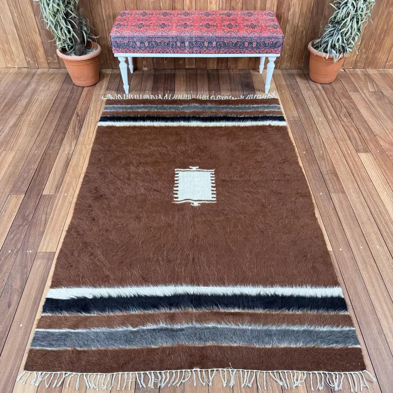 4.3x6.6 ft Vintage Area Rug, Brown Black Turkish Patchwork Wool Rug - 1